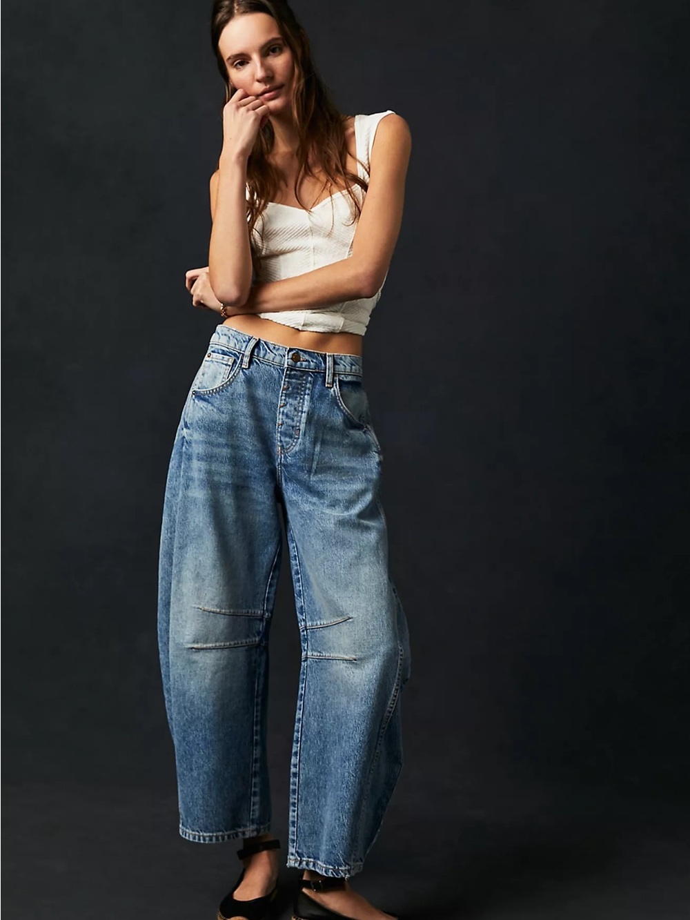 Free People Good Luck Mid Rise Barrel Jeans Ultra Light Beam 28